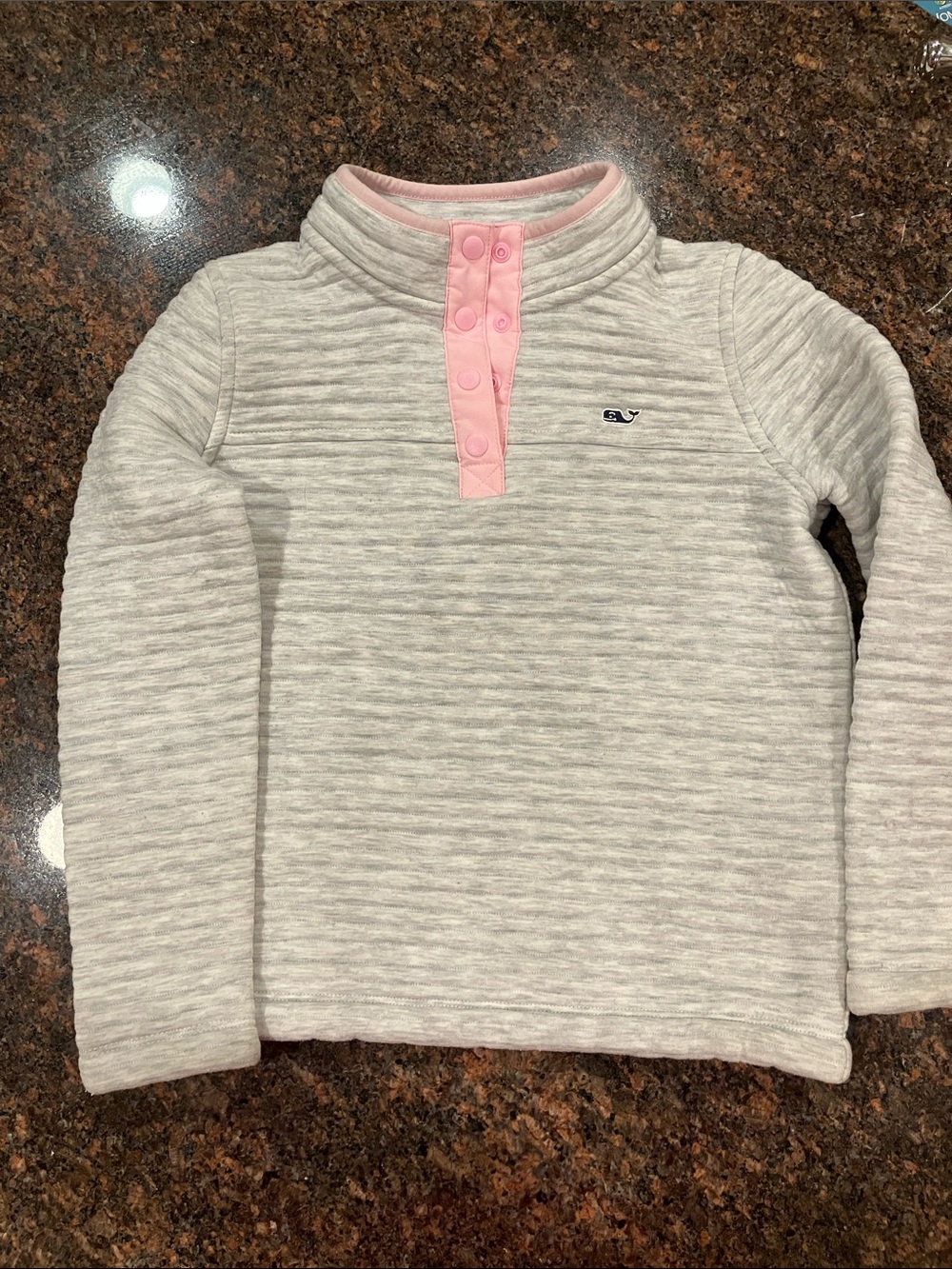 Vineyard Vines Little Girls Light Gray Pullover with Pink Snap Placket